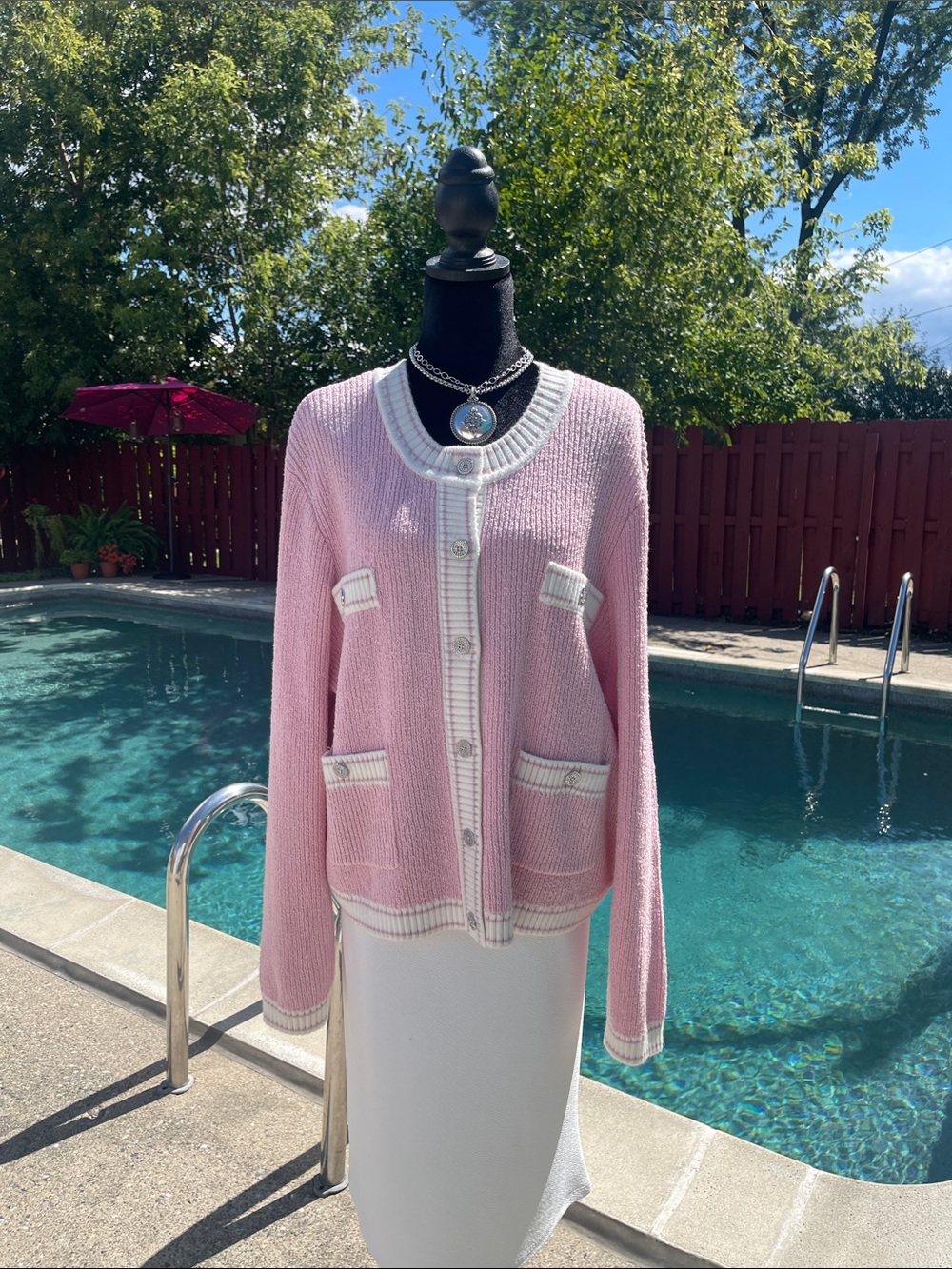 Karl Lagerfeld Pink Knit Cardigan with White Trim